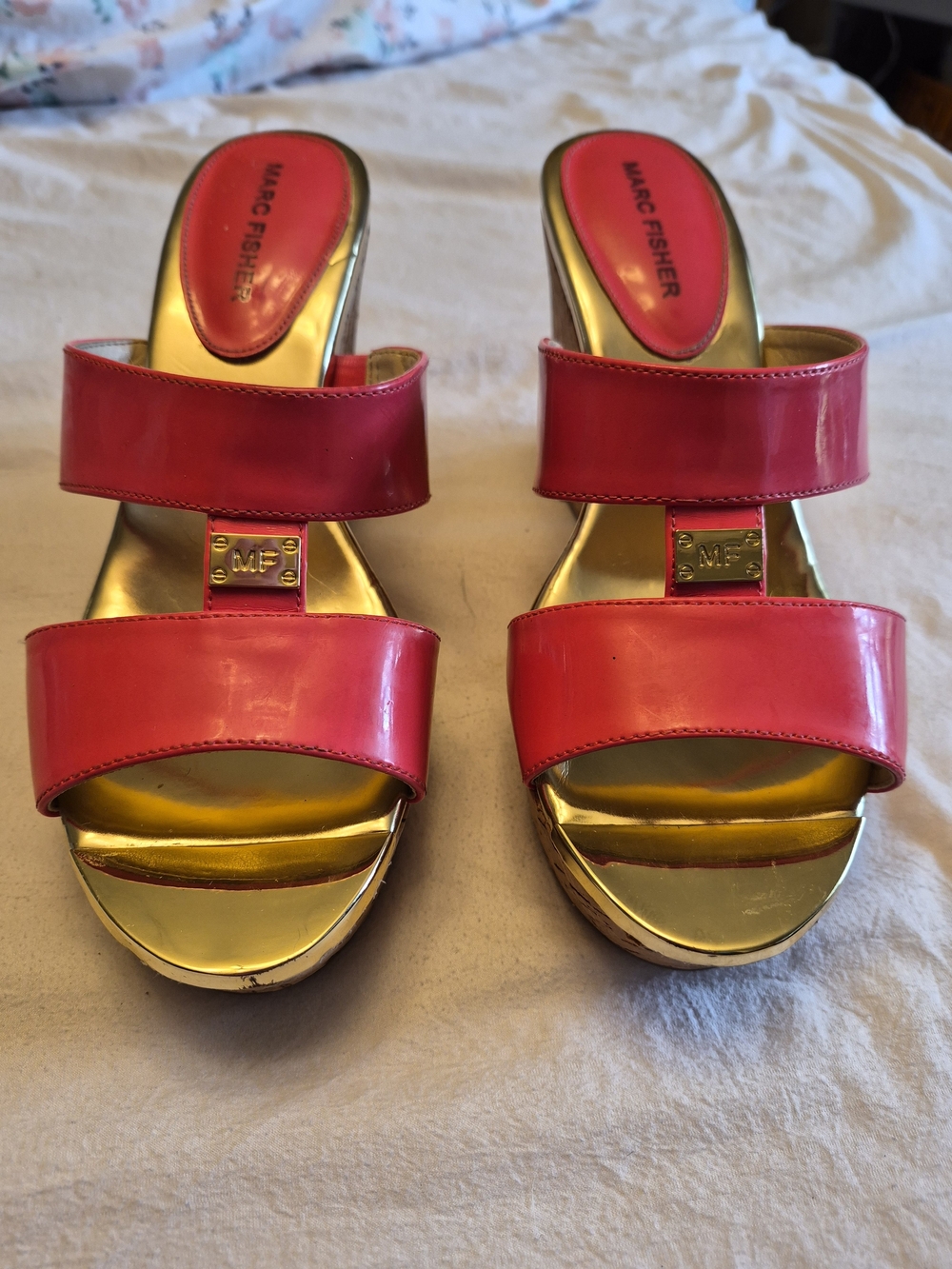 Marc Fisher Pink & Gold Double-Band Slide Mules 7.5 Does Has Flaws See Pics